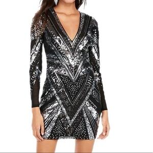 Express Long Sleeve Sequin Chevron Pattern Mini Dress-Silver and Black-Women XS